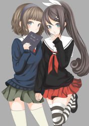 Rule 34 | 2girls, bad id, bad pixiv id, black hair, blue eyes, blush, brown hair, covering face, covering own mouth, covering privates, grey eyes, hair ornament, hair ribbon, hairband, hairclip, highres, holding hands, leg lift, long hair, looking at viewer, multiple girls, nr noir, original, ponytail, ribbon, school uniform, short hair, simple background, skirt, striped clothes, striped legwear, striped thighhighs, sweater, thighhighs, zettai ryouiki