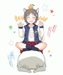 Rule 34 | 1girl, ^ ^, animal ears, black legwear, blush, brown hair, claw pose, closed eyes, clothes writing, collarbone, crossed ankles, dog ears, dog girl, dog tail, dogeza, english text, closed eyes, facing viewer, food, food on head, fruit, gomennasai, jacket, long sleeves, mandarin orange, object on head, open clothes, open jacket, original, plaid, plaid skirt, red skirt, shirt, short hair, sitting, sitting on person, skirt, socks, solo focus, star (symbol), tail, track jacket, translation request, white background, white shirt