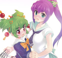 Rule 34 | 00s, blue eyes, blush, child, green hair, holding hands, happy, hattori yamame, kage kara mamoru!, knife, kumogakure hotaru, long hair, madara sai, ponytail, purple hair, red eyes, school uniform, short hair