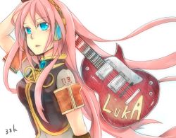 Rule 34 | blue eyes, breasts, guitar, hairband, instrument, large breasts, long hair, megurine luka, miyake achi, pink hair, solo, vocaloid