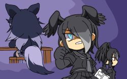 Rule 34 | 3girls, angry, animal ears, bird wings, black hair, blue eyes, chibi, clenched hand, grey hair, grey wolf (kemono friends), hair over one eye, head wings, holding, jungle crow (kemono friends), kemono friends, long hair, manga (object), multicolored hair, multiple girls, partially shaded face, red eyes, shirt, sitting, skirt, srd (srdsrd01), tail, thighhighs, two-tone hair, v-shaped eyebrows, wings, wolf ears, wolf girl, wolf tail, yatagarasu (kemono friends), zettai ryouiki