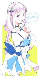 Rule 34 | 1girl, arm up, bare shoulders, blue bow, blue choker, blush, bow, braid, breasts, choker, cleavage, collarbone, commentary request, cosplay, detached sleeves, dress, emilia (re:zero), felix argyle, felix argyle (cosplay), from side, hair bow, hair ornament, heart, highres, long hair, long sleeves, looking at viewer, looking to the side, medium breasts, open mouth, pointy ears, purple eyes, re:zero kara hajimeru isekai seikatsu, sidelocks, silver hair, simple background, sleeveless, smile, solo, translation request, two-tone background, upper body, v, wa--ka, white background, white bow, white dress, yellow background