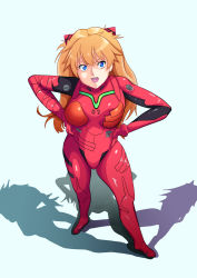 Rule 34 | 1girl, absurdres, artist request, blue eyes, bodysuit, breasts, evangelion: 3.0 you can (not) redo, hair ornament, hands on own hips, highres, long hair, looking at viewer, medium breasts, neon genesis evangelion, orange hair, plugsuit, rebuild of evangelion, red bodysuit, shadow, shiny clothes, simple background, skin tight, solo, souryuu asuka langley, tsundere, two side up