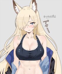 Rule 34 | 1girl, abs, animal ears, black sports bra, blonde hair, blue archive, blue eyes, breasts, dog ears, grey background, hair over one eye, kanna (blue archive), large breasts, long hair, navel, partially undressed, paundo2, pout, sports bra, twitter username