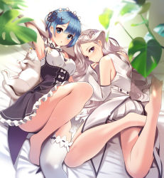Rule 34 | 10s, 2girls, armpits, bad id, bad pixiv id, bare legs, barefoot, bed, bed sheet, black ribbon, blue eyes, blue hair, blurry, blush, braid, cat, depth of field, emilia (re:zero), flower, french braid, frilled sleeves, frills, from above, hair flower, hair ornament, hair ribbon, highres, indoors, long hair, looking at viewer, lying, miyaza, multiple girls, on back, on bed, on stomach, pillow, plant, puck (re:zero), purple eyes, purple ribbon, re:zero kara hajimeru isekai seikatsu, rem (re:zero), ribbon, ribbon-trimmed clothes, ribbon trim, short hair, silver hair, single thighhigh, smile, thighhighs, underbust, very long hair, white legwear, x hair ornament