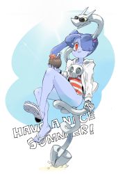 Rule 34 | 1girl, 770mk, blue background, blue hair, blue skin, colored skin, drinking straw, english text, hair over one eye, highres, jacket, leviathan (skullgirls), looking at viewer, one-piece swimsuit, red eyes, sandals, side ponytail, sitting, skullgirls, solo, squigly (skullgirls), stitched mouth, stitches, sunglasses, swimsuit, zombie