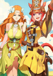Rule 34 | 2girls, absurdres, animal ears, warrior of light (ff14), boots, breasts, cat ears, cat tail, commission, dress, facial mark, final fantasy, final fantasy xiv, gloves, green dress, green eyes, hat, highres, ibaraki shun, large breasts, long hair, looking at another, miqo&#039;te, multiple girls, nophica, open mouth, orange hair, red eyes, red hair, short hair, skeb commission, tail, thigh boots, whisker markings