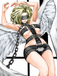 Rule 34 | 1girl, angel, angel (megami tensei), angel wings, blindfold, blonde hair, chain, collar, kazu (rakugakino-to), shin megami tensei, simple background, solo, white background, wings