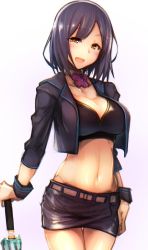 Rule 34 | 1girl, arm at side, belt, bow, breasts, cleavage, closed umbrella, cropped jacket, highres, jacket, kagami uekusa, large breasts, looking at viewer, medium hair, midriff, navel, nijisanji, open clothes, open jacket, open mouth, purple bow, purple hair, shizuka rin, short shorts, shorts, simple background, solo, sports bra, standing, stomach, umbrella, virtual youtuber, white background, wrist cuffs