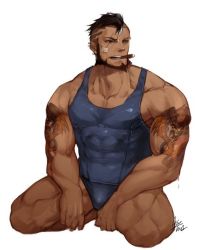Rule 34 | 1boy, abs, arm tattoo, bandaid, bandaid on cheek, bandaid on face, bara, bare pectorals, beard, black hair, blue male underwear, bulge, cyphers, damian doyle (cyphers), dark-skinned male, dark skin, facial hair, gomtang, large pectorals, male focus, male pubic hair, male underwear, mature male, mohawk, muscular, muscular male, navel, navel hair, nipples, pectoral cleavage, pectorals, penis, pubic hair, short hair, sideburns, sidepec, solo, stomach, stubble, tattoo, thick thighs, thighs, third-party source, underwear