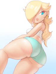 Rule 34 | 1girl, absurdres, ass, bandeau, bare arms, bare shoulders, blonde hair, blue background, blue eyes, blue shorts, breasts, closed mouth, earrings, eyelashes, from side, frown, gradient background, highres, jewelry, lickagoat, lips, long hair, looking to the side, mario (series), medium breasts, micro shorts, nintendo, rosalina, shorts, solo, star (symbol), star earrings, super mario galaxy, thick eyebrows, thighs, white background, white bandeau