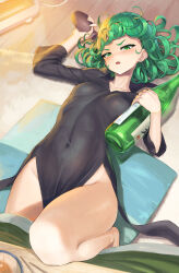 Rule 34 | 1girl, absurdres, barefoot, black dress, blush, bottle, breasts, carpet, collarbone, covered navel, curly hair, dress, green eyes, green hair, half-closed eyes, highres, indoors, kotatsu, long sleeves, looking at viewer, lying, matching hair/eyes, no panties, on back, one-punch man, open mouth, pillow, sai (abyss05), sake bottle, short hair, small breasts, solo, table, tatsumaki, thighs, wooden floor