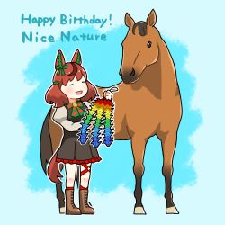 Rule 34 | 1girl, animal ears, black dress, bow, bowtie, brown footwear, closed eyes, creature and personification, dress, ear covers, happy birthday, highres, horse, horse ears, horse girl, horse tail, medium hair, nice nature (racehorse), nice nature (umamusume), oishii oil, real life, red hair, starting future (umamusume), striped bow, striped bowtie, striped clothes, tail, umamusume
