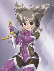Rule 34 | 1girl, adapted costume, alternate costume, bodysuit, breasts, dagger, dual wielding, earmuffs, elbow gloves, gloves, headphones, holding, holding weapon, knife, leotard, looking at viewer, ninja, pointy hair, reverse grip, ritual baton, shiny clothes, skin tight, solo, taimanin suit, thighhighs, touhou, toyosatomimi no miko, weapon, winn