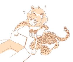 Rule 34 | 10s, 1girl, :o, ?, animal ears, arm support, box, cardboard box, commentary, elbow gloves, gloves, high-waist skirt, jaguar (kemono friends), jaguar ears, jaguar print, jaguar tail, kemono friends, kneeling, looking down, mitsumoto jouji, monochrome, neck ribbon, parted lips, ribbon, shirt, short hair, short sleeves, simple background, skirt, solo, tail, thighhighs, white background