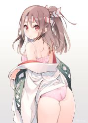 Rule 34 | 10s, 1girl, ass, bare shoulders, blush, bra, brown eyes, brown hair, closed mouth, cowboy shot, frilled bra, frills, from behind, gradient background, hachimaki, hair between eyes, headband, highres, iku ki, kantai collection, legs together, long hair, looking at viewer, looking back, medium hair, panties, pink bra, pink panties, ponytail, red eyes, shoulder blades, solo, twisted neck, twitter username, underwear, undressing, zuihou (kancolle)