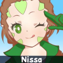 Rule 34 | 1girl, blue background, blurry, blurry background, blush, brown hair, character name, chitan, coat, commentary request, elf, english text, facial hair, genshin impact, green coat, green eyes, hair slicked back, letterboxed, lowres, magic: the gathering, nissa revane, one eye closed, paimon (genshin impact), parody, pointy ears, ponytail, portrait, salute, sidelocks, sky, solo, tongue, tongue out