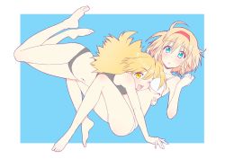 Rule 34 | 2girls, :o, ;d, absurdres, alice margatroid, arm around waist, bare arms, bare legs, bare shoulders, barefoot, black panties, black sports bra, blonde hair, blue background, blue eyes, blush, border, bra, breasts, clenched hand, collarbone, couple, crop top, fang, female focus, full body, glomp, hair between eyes, hairband, hand up, highres, hug, kirisame marisa, lingerie, long hair, looking at viewer, midriff, multiple girls, navel, neck, nirap, no headwear, one eye closed, open mouth, outside border, panties, red hairband, short hair, simple background, skin fang, small breasts, smile, sports bra, stomach, thighs, touhou, underwear, white border, white bra, white panties, wink, yellow eyes, yuri
