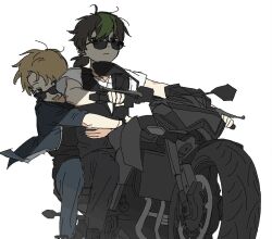 2boys animification arms_around_waist bad_boys_(limited_life_smp) blonde_hair brown_hair commentary green_hair highres hug limited_life_smp male_focus medium_hair minecraft_youtube mipaihere motor_vehicle motorcycle multiple_boys official_alternate_costume open_mouth ponytail short_hair simple_background smallishbeans solidaritygaming sunglasses symbol-only_commentary traffic_life_series white_background