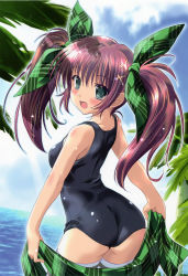Rule 34 | 1girl, :d, absurdres, ass, bare shoulders, blue sky, blush, cloud, curvy, day, green eyes, hair ribbon, highres, komatsu eiji, long hair, looking back, one-piece swimsuit, open mouth, plaid, purple hair, ribbon, school swimsuit, sky, smile, solo, striped clothes, striped thighhighs, swimsuit, thighhighs, twintails, water, white thighhighs