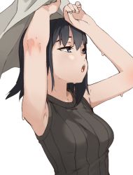 Rule 34 | 1girl, armpits, arms up, black hair, blue eyes, breasts, covering head, dripping, fingernails, highres, hot, looking afar, open mouth, original, pinup (style), portrait, short hair, simple background, sketch, sleeveless, small breasts, summer, sweat, upper body, vins-mousseux, white background