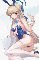 Rule 34 | 1girl, animal ears, blonde hair, blue archive, blue bow, blue eyes, blue hairband, blue leotard, blue nails, bow, bowtie, braid, breasts, closed mouth, detached collar, double v, earpiece, fake animal ears, french braid, hairband, high heels, highres, leotard, long hair, medium breasts, microphone, official alternate costume, official alternate hairstyle, playboy bunny, rabbit ears, rabbit tail, tail, thighhighs, thighs, toki (blue archive), toki (bunny) (blue archive), v, very long hair, white thighhighs, wrist cuffs, yoyopipa