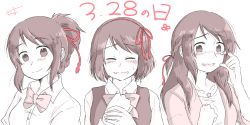 Rule 34 | 10s, 3girls, blush, braid, commentary request, crying, dated, french braid, hair ribbon, jewelry, kimi no na wa., limited palette, long hair, looking at viewer, miyamizu mitsuha, multiple girls, multiple persona, necklace, aged up, open mouth, red ribbon, ribbon, sanzui (snzi tkmt), school uniform, short hair, smile, star (symbol), star necklace, sweater vest