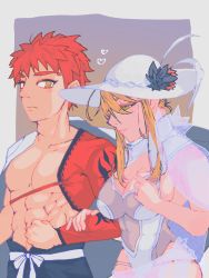 Rule 34 | 1boy, 1girl, abs, ahoge, armor, artoria pendragon (all), artoria pendragon (fate), artoria pendragon (swimsuit ruler) (fate), artoria pendragon (swimsuit ruler) (second ascension) (fate), blonde hair, braid, breasts, cleavage, commentary, emiya shirou, fate/grand order, fate/stay night, fate (series), feather boa, french braid, green eyes, hair between eyes, hat, highres, holding, holding own arm, igote, japanese armor, kusazuri, large breasts, leotard, limited/zero over, long hair, long sleeves, one-piece swimsuit, orange hair, raglan sleeves, ribbon, short hair, sidelocks, single bare shoulder, swept bangs, swimsuit, thighhighs, torioyako, translation request, white leotard, white one-piece swimsuit, yellow eyes
