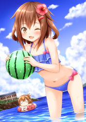 Rule 34 | 10s, 2girls, alternate costume, ball, bare arms, bare shoulders, blush, brown eyes, brown hair, cloud, cloudy sky, collarbone, day, dutch angle, fang, flower, folded ponytail, fujishima shinnosuke, hair between eyes, hair flower, hair ornament, hairclip, hibiscus, ikazuchi (kancolle), inazuma (kancolle), innertube, kantai collection, long hair, looking at viewer, multiple girls, nanodesu (phrase), navel, ocean, one eye closed, open mouth, outdoors, short hair, sky, smile, swim ring, swimsuit, wading, water