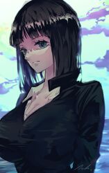 1girl black_dress black_hair blue_eyes blunt_bangs breasts cleavage closed_mouth cloud collared_shirt commentary dress highres ink_(winkyinkywinky) large_breasts long_sleeves medium_hair nico_robin nico_robin_(water_7) one_piece shirt signature sky solo upper_body white_shirt