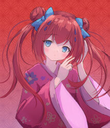 Rule 34 | 1girl, alternate costume, alternate hairstyle, aqua eyes, blue bow, blush, bow, chinese new year, chinese zodiac, closed mouth, commentary request, double-parted bangs, double bun, expressionless, floating hair, floral print, hair between eyes, hair bow, hair bun, hands up, head tilt, highres, japanese clothes, kamiyama shiki, kimono, long hair, long sleeves, looking at viewer, print kimono, red background, red hair, red kimono, shiki hamaguri, simple background, summer pockets, twintails, upper body, very long hair, wide sleeves, year of the dragon