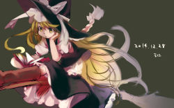 Rule 34 | 1girl, blonde hair, book, boots, bow, braid, broom, broom riding, hand on own cheek, hand on own face, hat, hat bow, kirisame marisa, long hair, namauni, open book, puffy short sleeves, puffy sleeves, reading, shirt, short sleeves, single braid, sketch, skirt, skirt set, solo, touhou, very long hair, vest, witch hat, yellow eyes
