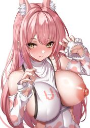 Rule 34 | 1girl, :q, absurdres, animal ear fluff, animal ears, bare shoulders, blush, breasts, detached sleeves, goddess of victory: nikke, hair intakes, highres, large breasts, leona (nikke), long hair, looking at viewer, nipples, one breast out, parapetto, pink hair, shirt, sideless shirt, sidelocks, solo, tail, tongue, tongue out, turtleneck, turtleneck shirt, white shirt, yellow eyes