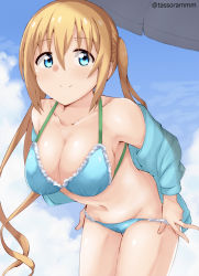 Rule 34 | 1girl, armpit peek, armpits, bare shoulders, beach umbrella, bikini, bikini pull, blend s, blonde hair, blue bikini, blue eyes, blue jacket, blue sky, blush, breasts, cleavage, closed mouth, clothes pull, cloud, collarbone, commentary request, cowboy shot, day, groin, hair between eyes, halterneck, hinata kaho, jacket, large breasts, leaning forward, long hair, long sleeves, looking at viewer, navel, off shoulder, outdoors, sky, smile, solo, swimsuit, tasora, twitter username, umbrella, undressing, very long hair