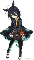 Rule 34 | 1girl, :o, absurdres, agnes tachyon (umamusume), ahoge, animal ears, black choker, black hair, black jacket, black pantyhose, black shirt, character name, choker, coffee mug, collared shirt, commentary, cup, earrings, english commentary, frilled skirt, frills, full body, hair between eyes, hands on ground, head tilt, highres, horse ears, horse girl, jacket, jewelry, knees together feet apart, long bangs, long hair, long sleeves, looking at viewer, manhattan cafe (umamusume), mug, multicolored hair, necktie, open mouth, pantyhose, shirt, simple background, single earring, sitting, skirt, solo, stuffed toy, umamusume, white background, white footwear, ycyc, yellow eyes, yellow necktie