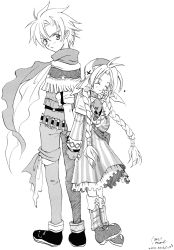 Rule 34 | 1boy, 1girl, ahoge, artist request, bag, belt, boots, braid, closed eyes, couple, denim, dress, florina (wild arms), florina (wild arms 3), flower, fringe trim, frown, greyscale, hat, hetero, highres, holding hands, jeans, jet enduro, long hair, monochrome, pants, parted bangs, scan, scarf, shoes, smile, sweat, twintails, wild arms, wild arms 3