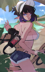 Rule 34 | 1girl, absurdres, arknights, ass, bare shoulders, beach, between legs, bikini, bikini tan, black hair, black shorts, blunt bangs, breasts, closed mouth, collar, cowboy shot, cutoffs, day, denim, denim shorts, earrings, eunectes (arknights), female focus, from behind, gradient hair, hat, highres, jewelry, kimo suna, large breasts, looking at viewer, looking back, multicolored hair, ocean, outdoors, palm tree, pointy ears, pouch, purple eyes, purple hair, short hair, shorts, sideboob, snake tail, solo, swimsuit, tail, tail between legs, tan, tanline, tree, white bikini, white hat