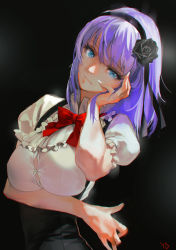 Rule 34 | 10s, 1girl, black background, black flower, black ribbon, black rose, black skirt, blue eyes, bow, bowtie, breast hold, breasts, bursting breasts, buttons, collared shirt, dagashi kashi, dress shirt, eyebrows, eyelashes, flower, frilled sleeves, frills, hair flower, hair ornament, hairband, half-closed eyes, hand on own cheek, hand on own face, head tilt, high-waist skirt, highres, large breasts, looking at viewer, parted lips, puffy short sleeves, puffy sleeves, purple hair, red bow, red bowtie, ribbon, ringed eyes, rose, seductive gaze, seductive smile, shidare hotaru, shirt, short hair, short sleeves, signature, simple background, skirt, smile, solo, suspender skirt, suspenders, white shirt, yd (orange maru)