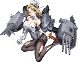Rule 34 | 1girl, blonde hair, breasts, hat, headgear, houston (kancolle), houston kai (kancolle), kantai collection, large breasts, machinery, official art, pantyhose, short hair, torn clothes, torn legwear, turret, yellow eyes, zeco