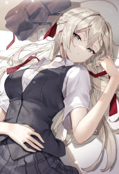 Rule 34 | 1girl, bag, black skirt, black vest, blonde hair, braid, breasts, collared shirt, commentary request, dress shirt, grey eyes, hair intakes, hair ribbon, hand on own stomach, hand up, highres, long hair, looking at viewer, lying, on back, original, plaid, plaid skirt, platinum blonde hair, red ribbon, ribbon, scottie (phantom2), shirt, short sleeves, skirt, solo, very long hair, vest, white shirt