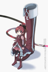 Rule 34 | 1girl, absurdres, black ribbon, black thighhighs, boots, clenched hands, detached sleeves, dress, english text, frilled dress, frills, from above, hair ribbon, highres, mahou shoujo madoka magica, mahou shoujo madoka magica (anime), morizo (morizoshop), pleated skirt, ponytail, red dress, red eyes, red footwear, red hair, ribbon, sakura kyoko, simple background, skirt, sleeveless, smile, solo, soul gem, thighhighs