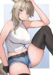 Rule 34 | 1girl, absurdres, animal ears, black gloves, black thighhighs, blue background, blue eyes, blush, border, breasts, cat ears, cat girl, cat tail, closed mouth, commission, denim, denim shorts, facial mark, final fantasy, final fantasy xiv, fingerless gloves, gloves, hair over one eye, hand on own head, highres, large breasts, light brown hair, long hair, looking at viewer, midriff, miqo&#039;te, outside border, shirt, shorts, sidelocks, simple background, single glove, skeb commission, sleeveless, sleeveless shirt, slit pupils, solo, tail, thighhighs, thighs, torisanff14, warrior of light (ff14), whisker markings, white border, white shirt