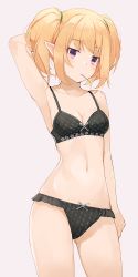 Rule 34 | 1girl, arm behind head, bikini, black bikini, blonde hair, blush, breasts, chloe (princess connect!), collarbone, highres, hiroki (yyqw7151), looking at viewer, medium breasts, mouth hold, navel, pink background, pointy ears, princess connect!, purple eyes, short hair, simple background, solo, standing, swimsuit, thighs, twintails