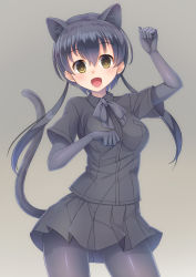 Rule 34 | 10s, 1girl, :d, black hair, black leopard (kemono friends), black panther (kemono friends), bow, bowtie, cowboy shot, gloves, grey background, highres, kemono friends, long hair, low twintails, miniskirt, open mouth, panther ears, panther tail, pantyhose, simple background, skirt, smile, solo, twintails, umitonakai, upper body, yellow eyes