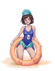 Rule 34 | 1girl, absurdres, blue hat, blue one-piece swimsuit, blush, brown hair, covered erect nipples, fingernails, grin, groin, hat, highres, innertube, kneeling, looking at viewer, nose, one-piece swimsuit, original, purple eyes, red lips, sarong, short hair, simple background, smile, solo, swim ring, swimsuit, teeth, white background, y xun