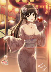 Rule 34 | 1girl, ahoge, bag, bagged fish, black eyes, black hair, blurry, blurry background, candy apple, commentary request, dated, depth of field, festival, fish, food, girls und panzer, goldfish, haires, highres, holding, holding food, isuzu hana, japanese clothes, kimono, lantern, long hair, long sleeves, looking at viewer, mixed-language commentary, night, obi, open mouth, outdoors, paper lantern, partial commentary, pink kimono, sash, smile, solo, standing, summer festival, vine print, wide sleeves, yukata