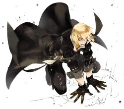 Rule 34 | 1boy, blonde hair, blue eyes, eizen (tales), full body, gloves, gotou (pixiv37128), ground shatter, male focus, short hair, simple background, solo, tales of (series), tales of berseria