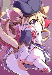 Rule 34 | 1boy, animal ear fluff, animal ears, azuma minatsu, blonde hair, blush, blush stickers, body fur, bow, bowtie, cat, cat boy, cat busters, cat ears, cat tail, chrona (cat busters), commentary request, dress, finger to mouth, furry, furry male, gloves, hat, looking at viewer, male focus, pawpads, purple eyes, slit pupils, solo, tail, twintails, whiskers