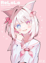 Rule 34 | 1girl, absurdres, animal ear fluff, animal ears, blue eyes, blush, bow, cat ears, cat girl, character name, collarbone, colored eyelashes, hair bow, hand up, heterochromia, highres, ichijo rei, indie virtual youtuber, lolo (vtuber), long sleeves, looking at viewer, neckerchief, open mouth, pink background, pink bow, pink eyes, pink neckerchief, sailor collar, school uniform, short hair, signature, simple background, smile, solo, star (symbol), virtual youtuber, white hair, white sailor collar