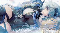 Rule 34 | 1girl, black hairband, black headband, blue hair, blue neckwear, bodystocking, breasts, cleavage, eula (genshin impact), genshin impact, hairband, headband, high-waist shorts, large breasts, looking at viewer, lying, medium hair, on side, pokira, shorts, thick thighs, thighs, yellow eyes